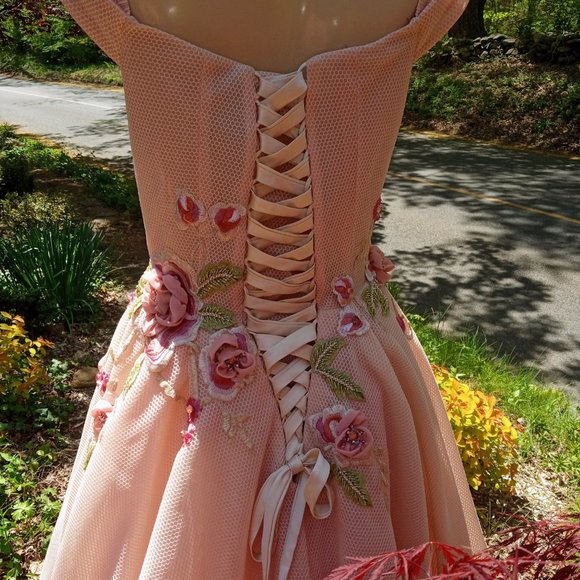 Floral Gown Off the Shoulder Straps Puffy A line Hand Made Floral Dress - Picture 6 of 10